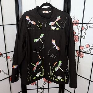 Quacker Factory Women's Embroidered Black Flower Butterfly Zip Up Jacket Size